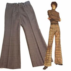 VINTAGE 70s men trouser hip hugger pants wide leg bellbottom plaid flat front 35